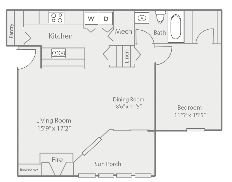 Floor plan for 1 bed, 1 bath, 1011 sqft